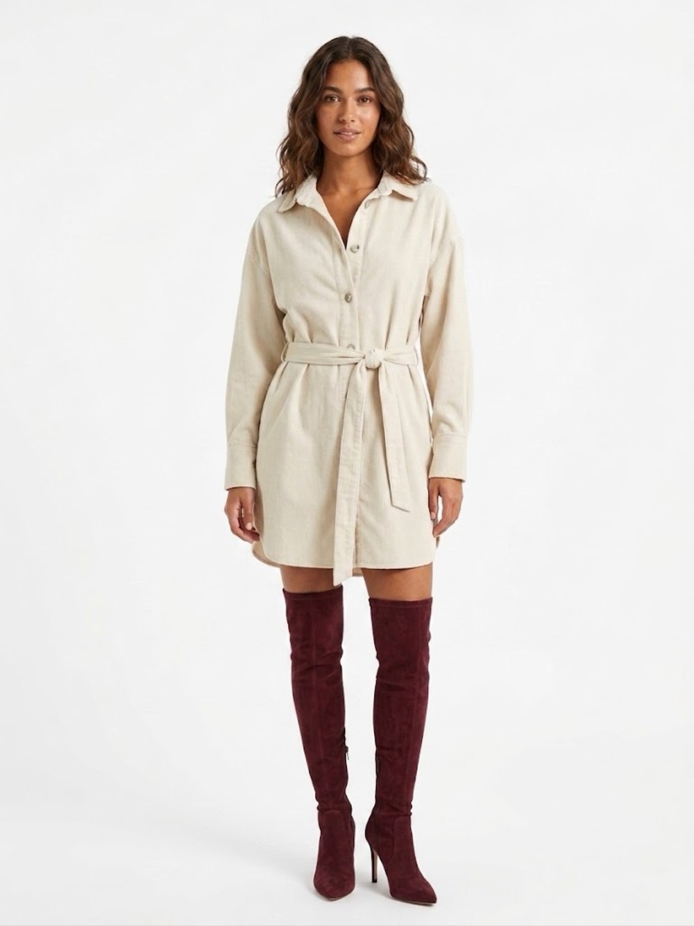 Button-Front Shirt Dress in Cream with Tie Belt H&M Divided Medium